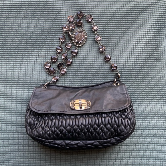 MIU MIU BLACK NAPPA LEATHER MATELASSE CRYSTAL CHAIN STRAP SHOULDER FLAP BAG - Picture 4 of 16